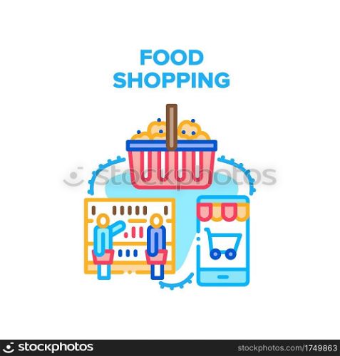 Food Shopping Vector Icon Concept. People Choosing Nutrition And Fresh Product On Grocery Counter And Putting In Shop Basket, Smartphone Application For Online Food Shopping Color Illustration. Food Shopping Vector Concept Color Illustration