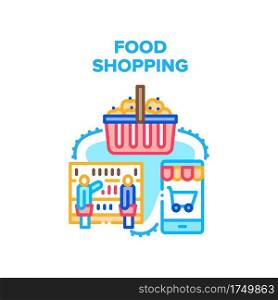 Food Shopping Vector Icon Concept. People Choosing Nutrition And Fresh Product On Grocery Counter And Putting In Shop Basket, Smartphone Application For Online Food Shopping Color Illustration. Food Shopping Vector Concept Color Illustration