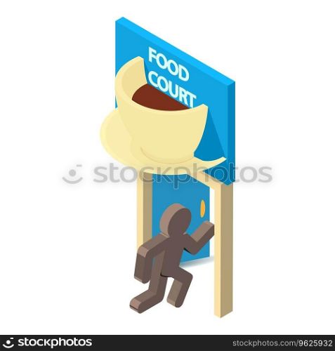 Food sign icon isometric vector. Stickman enter door with food court inscription. Meal service, fastfood. Food sign icon isometric vector. Stickman enter door with food court inscription