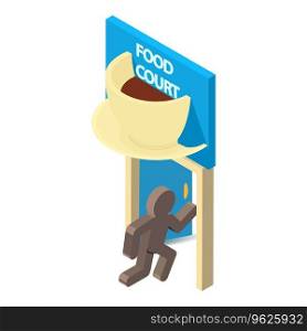 Food sign icon isometric vector. Stickman enter door with food court inscription. Meal service, fastfood. Food sign icon isometric vector. Stickman enter door with food court inscription