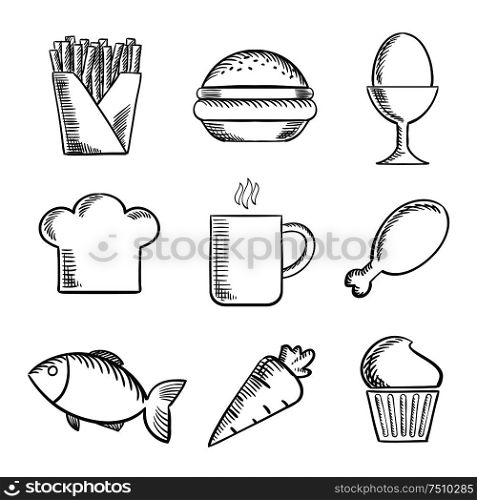 Food sketched icons set with French fries, boiled egg, toque, cookie, coffee, drumstick, fish, carrot and cupcake. Food and drinks sketched icons set