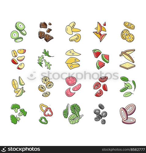 food slice cut fruit freah icons set vector. healthy vegetable, green salad, red tomato, falling onion, organic pepper, raw fry food slice cut fruit freah color line illustrations. food slice cut fruit freah icons set vector