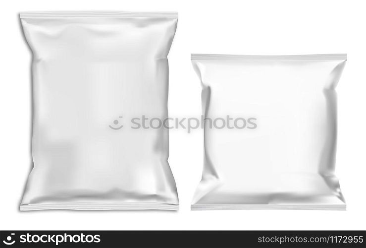 Food snack pillow bag mock up. White pouch blank vector template. Chocolate candy foil sachet. Chips product closed polymer container illustration for merchandise advertising. Ready soup paper box. Food snack pillow bag. Pack mockup. White pouch