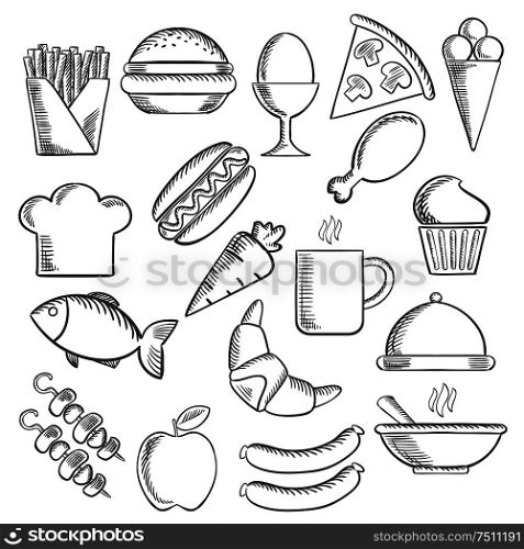 Food, snacks and drinks with pizza, sausage, burger and coffee cup, cake, chicken, egg, ice cream and hot dog, french fries and apple, fish and carrot, croissant and barbecue, soup, toque and tray. Food and snacks sketch icons