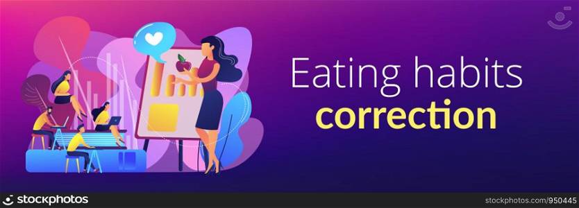 Food specialist talking about healthy eating habits. Health and nutrition workshop, eating habits correction, preventive children care concept. Header or footer banner template with copy space.. Health and nutrition workshop concept banner header.