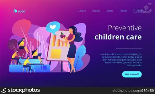 Food specialist talking about healthy eating habits. Health and nutrition workshop, eating habits correction, preventive children care concept. Website vibrant violet landing web page template.. Health and nutrition workshop concept landing page.