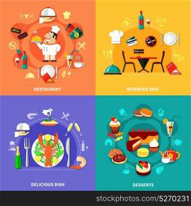 Food Spot Compositions Set. Four square restaurant design concept set with flat compositions of dish icons payment symbols and cook vector illustration