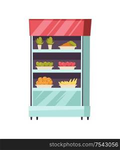 Food stall stand with fresh vegetables fruits isolated icon vector. Apples and bananas, vegetarian meal, raw, nutritious products, orange and carrot. Food Stall Stand Fresh Vegetables Fruits Vector