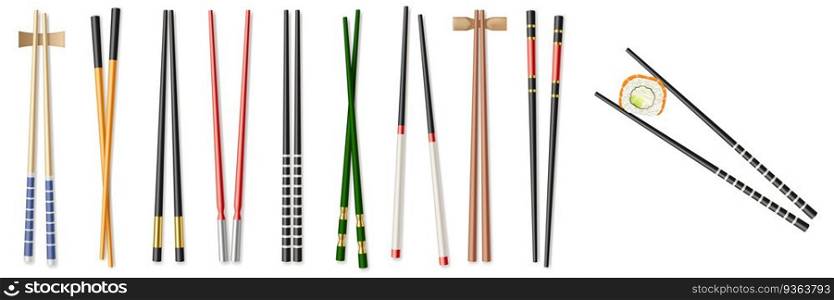 Food sticks set, kitchen chopsticks and eating utensils. Realistic chinese and Japanese chop sticks for eating East Asian food. Vector illustration. Food sticks set, kitchen chopsticks and eating utensils. Realistic chinese and Japanese chop sticks