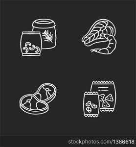 Food store categories chalk white icons set on black background. Pasta in package. Wheat grain in bag. Macaroni products. Fresh seafood. Raw fish steak. Isolated vector chalkboard illustrations. Food store categories chalk white icons set on black background