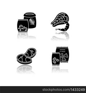 Food store categories drop shadow black glyph icons set. Pasta in package. Wheat grain in bag. Macaroni products. Fresh seafood. Snacks in packets. Isolated vector illustrations on white space. Food store categories drop shadow black glyph icons set