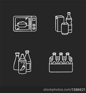 Food store products chalk white icons set on black background. Ready meal. Microwave popcorn. Different beverages. Hot sauce, ketchup in bottle. Alcohol drink. Isolated vector chalkboard illustrations. Food store products chalk white icons set on black background