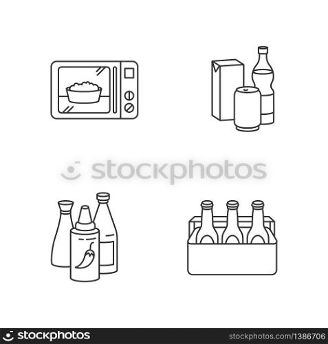 Food store products pixel perfect linear icons set. Ready meal. Microwave popcorn. Different beverages. Customizable thin line contour symbols. Isolated vector outline illustrations. Editable stroke. Food store products pixel perfect linear icons set