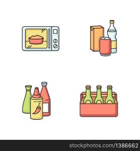 Food store products RGB color icons set. Ready meal. Microwave popcorn. Different beverages. Hot sauce in bottle. Pepper for cooking. Beer sixpack. Alcohol drink. Isolated vector illustrations. Food store products RGB color icons set