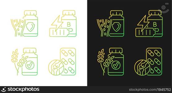 Food supplements gradient icons set for dark and light mode. Blood pressure. Fatigue treatment. Thin line contour symbols bundle. Isolated vector outline illustrations collection on black and white. Food supplements gradient icons set for dark and light mode