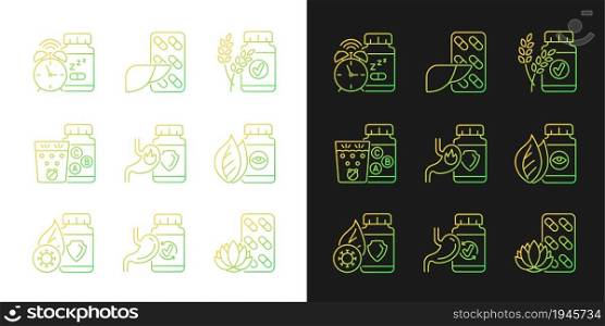 Food supplements gradient icons set for dark and light mode. Dietary products. Digestive medicine. Thin line contour symbols bundle. Isolated vector outline illustrations collection on black and white. Food supplements gradient icons set for dark and light mode