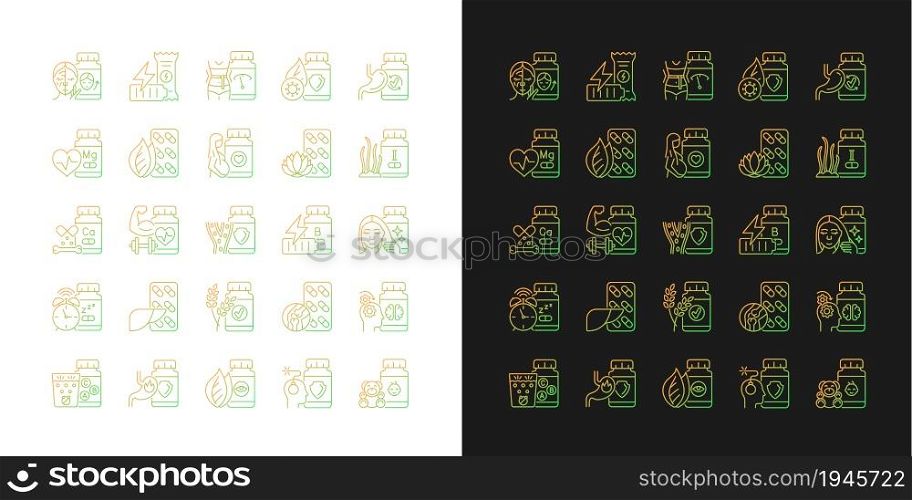 Food supplements gradient icons set for dark and light mode. Source of vitamins and nutrients. Thin line contour symbols bundle. Isolated vector outline illustrations collection on black and white. Food supplements gradient icons set for dark and light mode