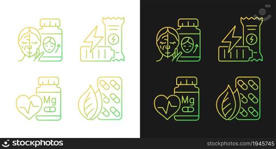 Food supplements gradient icons set for dark and light mode. Workout energy bar. Healthy snacks. Thin line contour symbols bundle. Isolated vector outline illustrations collection on black and white. Food supplements gradient icons set for dark and light mode