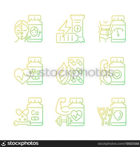 Food supplements gradient linear vector icons set. Dietary supplements for women. Nutrient compounds. Vitamin source. Thin line contour symbols bundle. Isolated outline illustrations collection. Food supplements gradient linear vector icons set