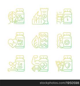 Food supplements gradient linear vector icons set. Dietary supplements for women. Nutrient compounds. Vitamin source. Thin line contour symbols bundle. Isolated outline illustrations collection. Food supplements gradient linear vector icons set