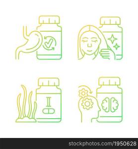 Food supplements gradient linear vector icons set. Hair and nails treatment products. Medicine for better mental work. Thin line contour symbols bundle. Isolated outline illustrations collection. Food supplements gradient linear vector icons set