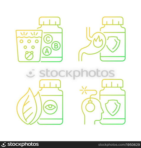 Food supplements gradient linear vector icons set. Heartburn relief. Mental disorder. Water dissolving vitamin tablets. Thin line contour symbols bundle. Isolated outline illustrations collection. Food supplements gradient linear vector icons set