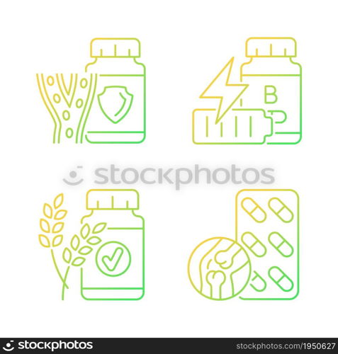 Food supplements gradient linear vector icons set. Help for bad blood pressure. B vitamins for fatigue. Natural ingredients. Thin line contour symbols bundle. Isolated outline illustrations collection. Food supplements gradient linear vector icons set