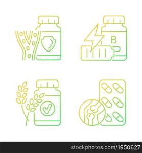 Food supplements gradient linear vector icons set. Help for bad blood pressure. B vitamins for fatigue. Natural ingredients. Thin line contour symbols bundle. Isolated outline illustrations collection. Food supplements gradient linear vector icons set