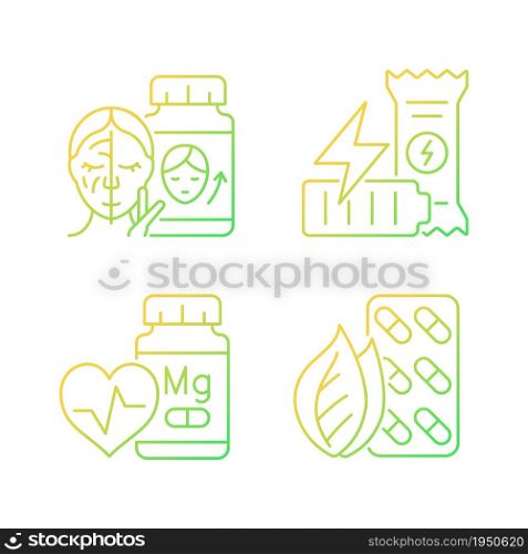 Food supplements gradient linear vector icons set. Pills for skin beauty. Workout energy bar. Healthy snacks. Thin line contour symbols bundle. Isolated outline illustrations collection. Food supplements gradient linear vector icons set
