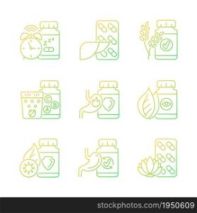 Food supplements gradient linear vector icons set. Products for health. Digestive medicine. Vitamins to supplement diet. Thin line contour symbols bundle. Isolated outline illustrations collection. Food supplements gradient linear vector icons set