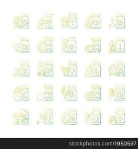 Food supplements gradient linear vector icons set. Source of vitamins and nutrients. Supplements for healthy life. Thin line contour symbols bundle. Isolated outline illustrations collection. Food supplements gradient linear vector icons set