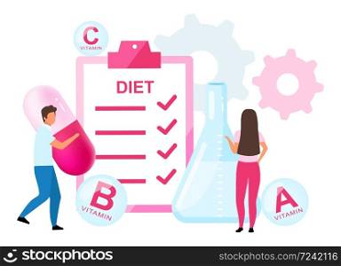 Food supplements in diet plan flat vector illustration. Man and woman taking synthetic vitamins. Pharmacologists creating dietary pills formula isolated cartoon character on white background