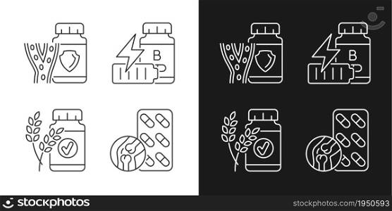 Food supplements linear icons set for dark and light mode. B vitamins for fatigue. Natural ingredients. Customizable thin line symbols. Isolated vector outline illustrations. Editable stroke. Food supplements linear icons set for dark and light mode