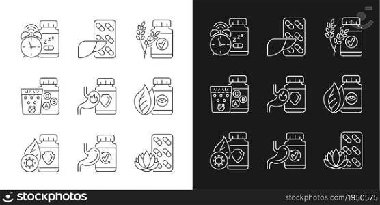 Food supplements linear icons set for dark and light mode. Dietary products for health. Digestive medicine. Customizable thin line symbols. Isolated vector outline illustrations. Editable stroke. Food supplements linear icons set for dark and light mode