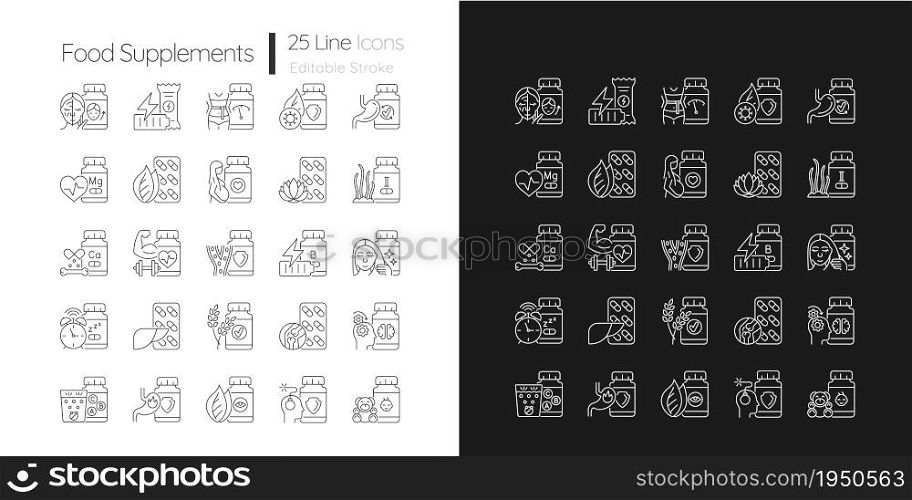 Food supplements linear icons set for dark and light mode. Dietary supplements for healthy lifestyle. Customizable thin line symbols. Isolated vector outline illustrations. Editable stroke. Food supplements linear icons set for dark and light mode
