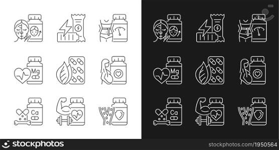 Food supplements linear icons set for dark and light mode. Dietary supplements for women. Nutrient compounds. Customizable thin line symbols. Isolated vector outline illustrations. Editable stroke. Food supplements linear icons set for dark and light mode