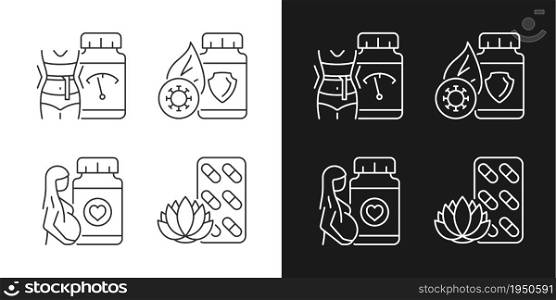 Food supplements linear icons set for dark and light mode. Pills for pregnant women. Immune boost supplements. Customizable thin line symbols. Isolated vector outline illustrations. Editable stroke. Food supplements linear icons set for dark and light mode