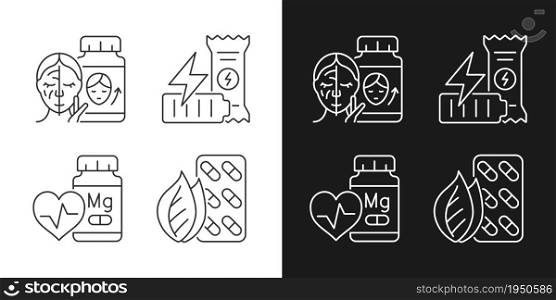 Food supplements linear icons set for dark and light mode. Skin beauty. Workout energy bar. Healthy snacks. Customizable thin line symbols. Isolated vector outline illustrations. Editable stroke. Food supplements linear icons set for dark and light mode