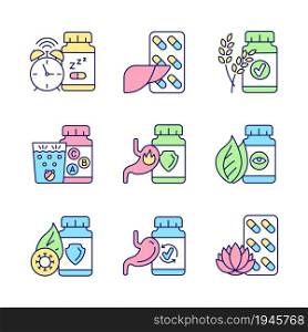 Food supplements RGB color icons set. Dietary products for health. Digestive medicine. Vitamins to supplement diet. Isolated vector illustrations. Simple filled line drawings collection. Food supplements RGB color icons set