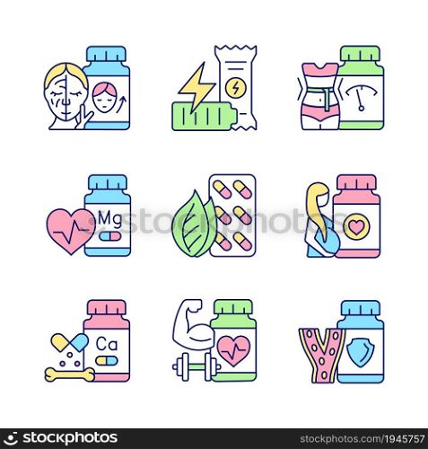Food supplements RGB color icons set. Dietary supplements for women. Pills for athletes. Nutrient compounds. Vitamin source. Isolated vector illustrations. Simple filled line drawings collection. Food supplements RGB color icons set