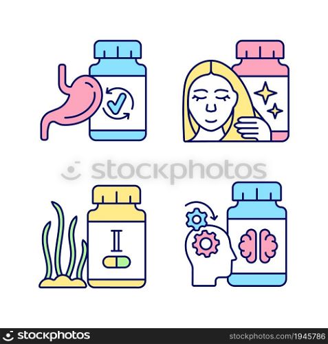 Food supplements RGB color icons set. Hair and nails treatment products. Medicine for better mental work. Iodine supplements. Isolated vector illustrations. Simple filled line drawings collection. Food supplements RGB color icons set