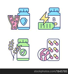 Food supplements RGB color icons set. Help for blood pressure. B vitamins for fatigue. Joint pain treatment. Natural ingredients. Isolated vector illustrations. Simple filled line drawings collection. Food supplements RGB color icons set