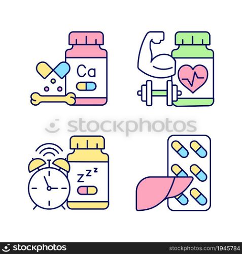 Food supplements RGB color icons set. Pills for healthy liver. Strengthening bones. Insomnia treatment. Cardiovascular tablets. Isolated vector illustrations. Simple filled line drawings collection. Food supplements RGB color icons set
