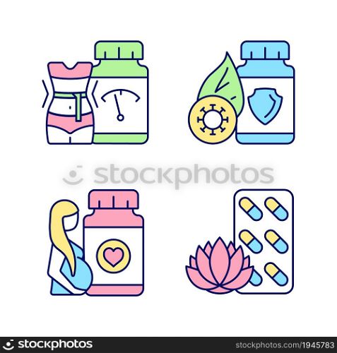 Food supplements RGB color icons set. Pills for pregnant women. Weight loss. Immune boost supplements. Medicine for staying calm. Isolated vector illustrations. Simple filled line drawings collection. Food supplements RGB color icons set