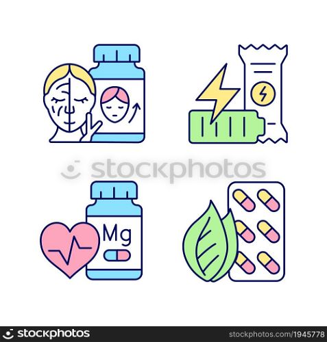 Food supplements RGB color icons set. Pills for skin beauty. Workout energy bar. Natural nutrient supplies. Healthy snacks. Isolated vector illustrations. Simple filled line drawings collection. Food supplements RGB color icons set