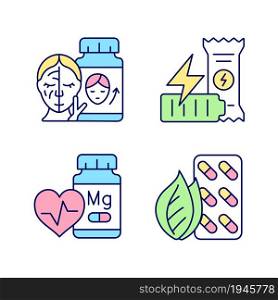 Food supplements RGB color icons set. Pills for skin beauty. Workout energy bar. Natural nutrient supplies. Healthy snacks. Isolated vector illustrations. Simple filled line drawings collection. Food supplements RGB color icons set