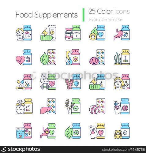 Food supplements RGB color icons set. Source of vitamins and nutrients. Eating healthy. Dietary supplements for healthy lifestyle. Isolated vector illustrations. Simple filled line drawings collection. Food supplements RGB color icons set