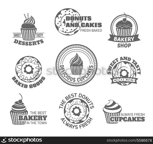 Food sweet tasty desserts donut and cupcake labels set isolated vector illustration