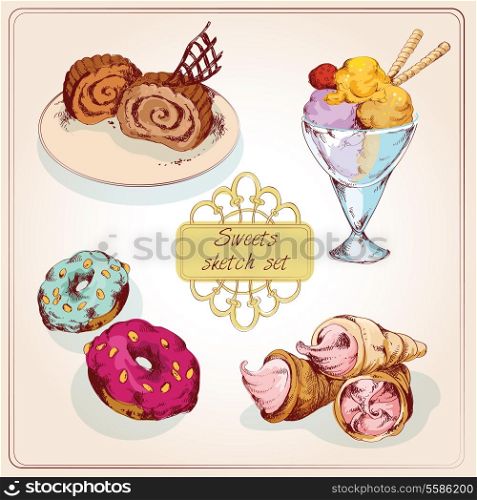 Food sweets bakery and pastry colored sketch set of ice cream doughnut isolated vector illustration