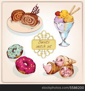 Food sweets bakery and pastry colored sketch set of ice cream doughnut isolated vector illustration
